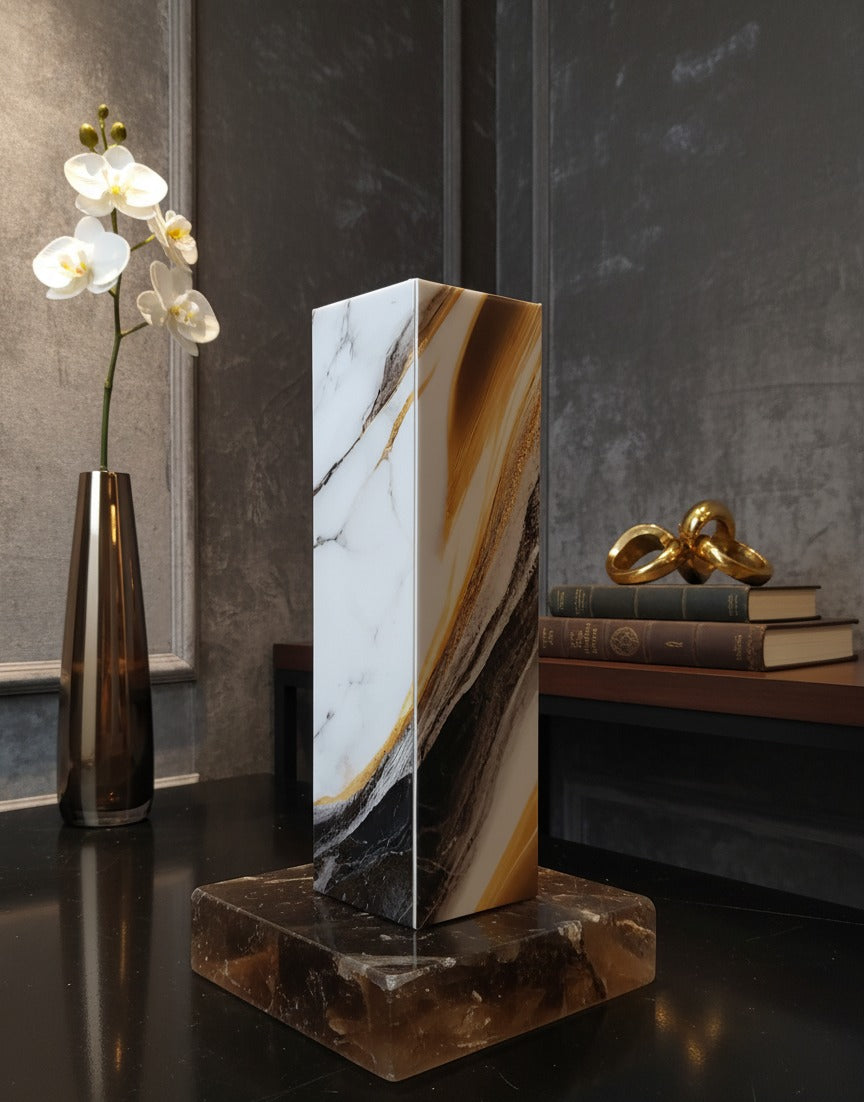 Golden onyx marble-finish wooden column vase on a black plinth in daylight