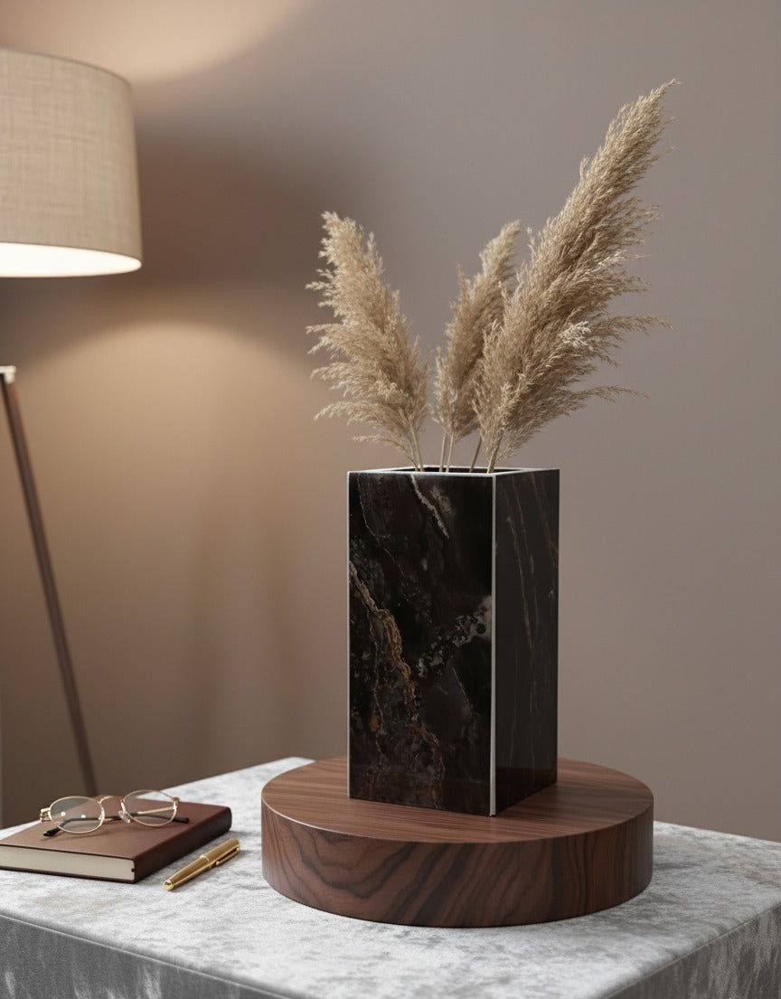 Black and gold Portoro marble-finish wooden vase holding dried pampas grass