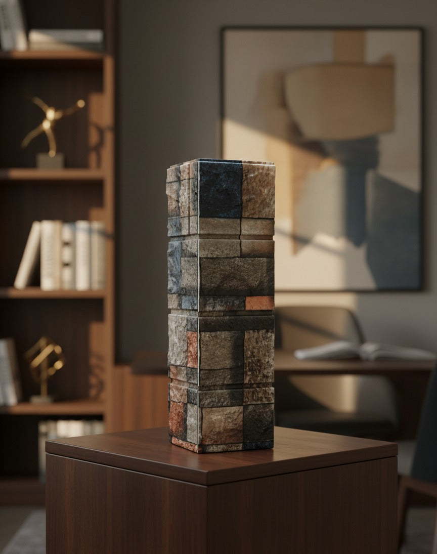 Multicolour slate mosaic wooden column vase on a sideboard beside books