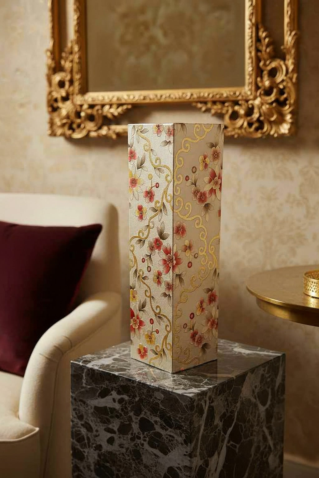 Ivory & Gold Baroque Floral 12 inch rectangular wooden column vase – view 2