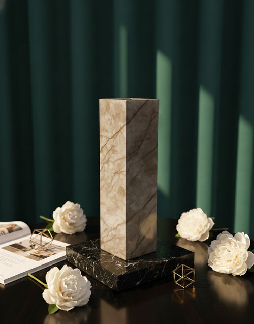 Calacatta Cream Marble 12 inch rectangular wooden column vase – view 2
